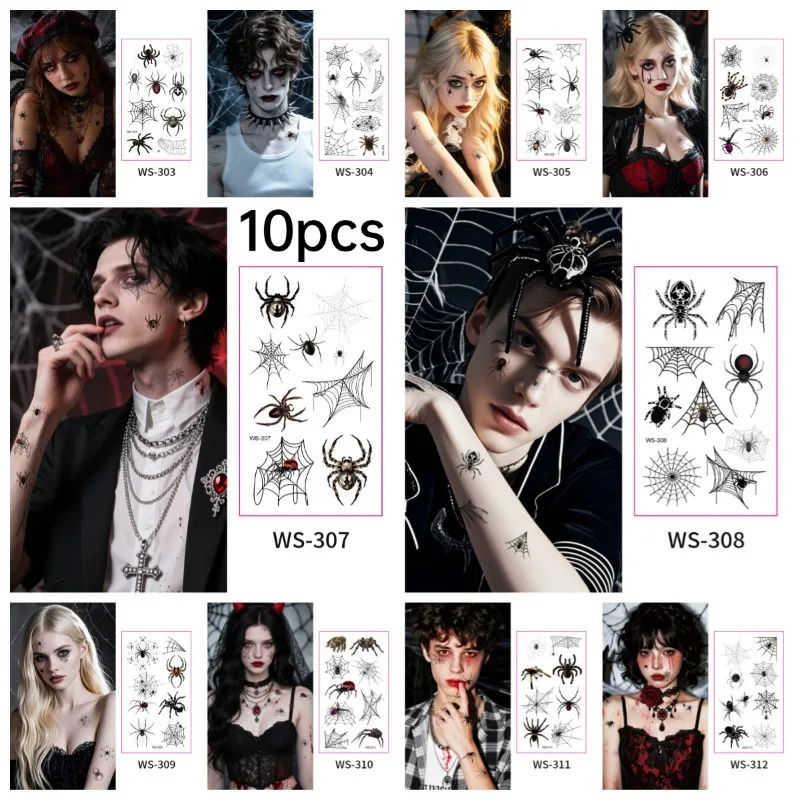 10pcs Long Lasting Fruit Juice Halloween Spider Temporary Tattoo Web Print For Masquerade Party Makeup Fake Tattoo Sticker