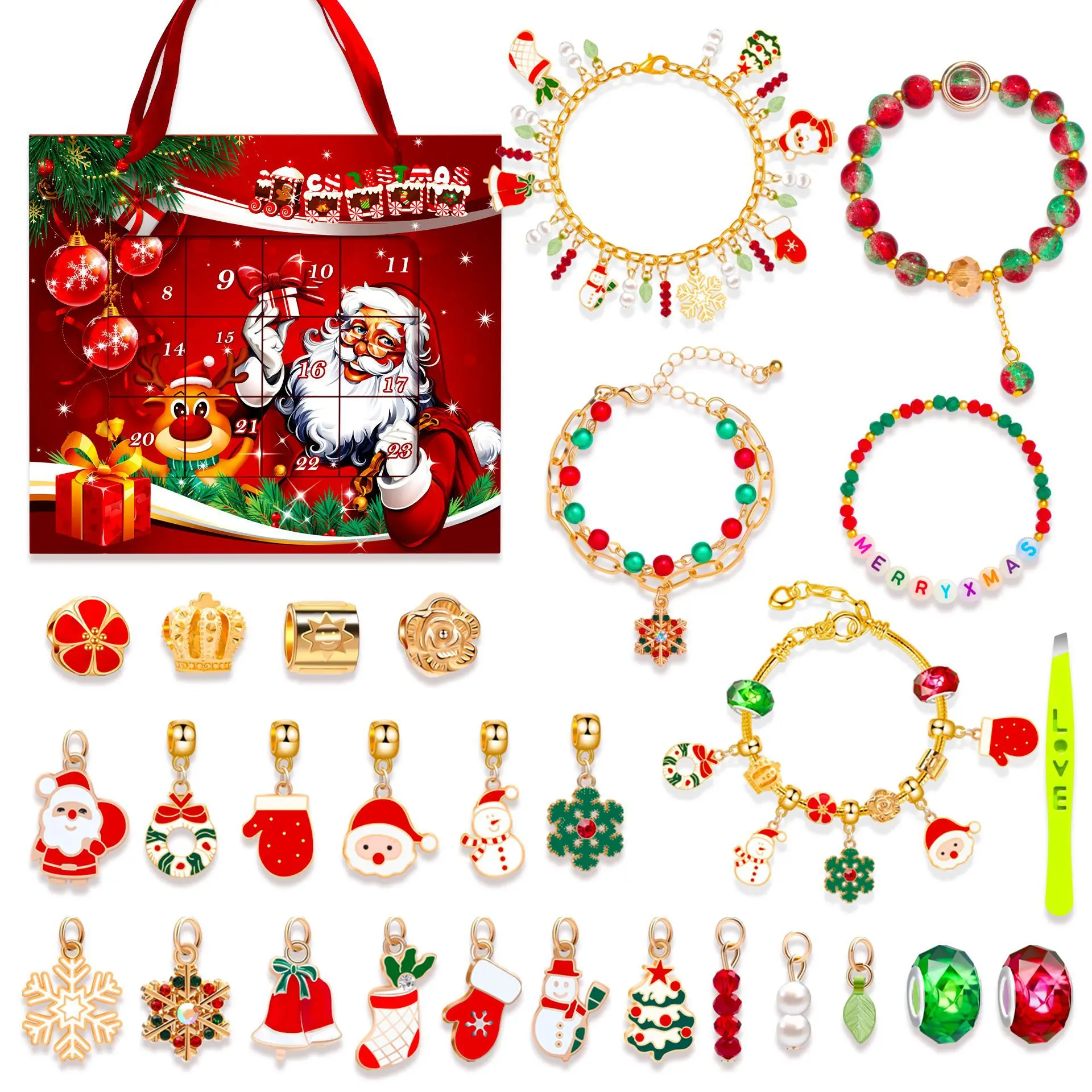 Surprise Blind Box Set 24 Countdown Calendar Advent Christmas Charms Bracelet Set DIY Creative Ornaments Girls Gifts