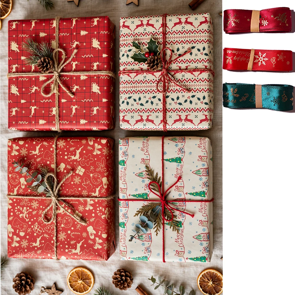 2pcs Christmas Gift Wrapping Paper Kraft Santa Claus Reindeer Gift Paper Christmas Party Supplies Paper and Random Ribbon Sets