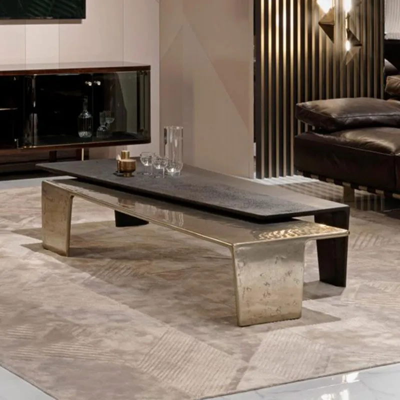 Italian stainless steel hammer coffee table, light luxury modern, rectangular, high and low combination coffee table