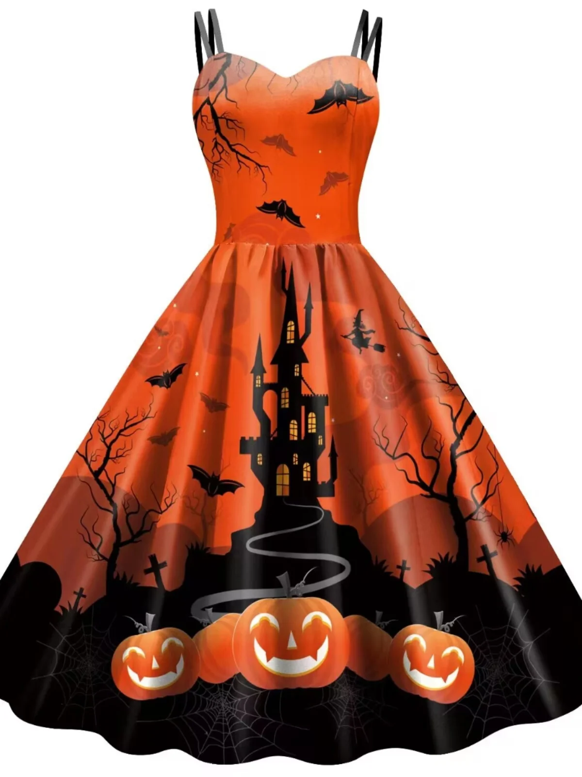 Sexy Slim Fit Bat Pumpkin Cartoon Print ter Dr loween Dames midden taille Polyester Vezel Midi Rok V Ne a Line Dr