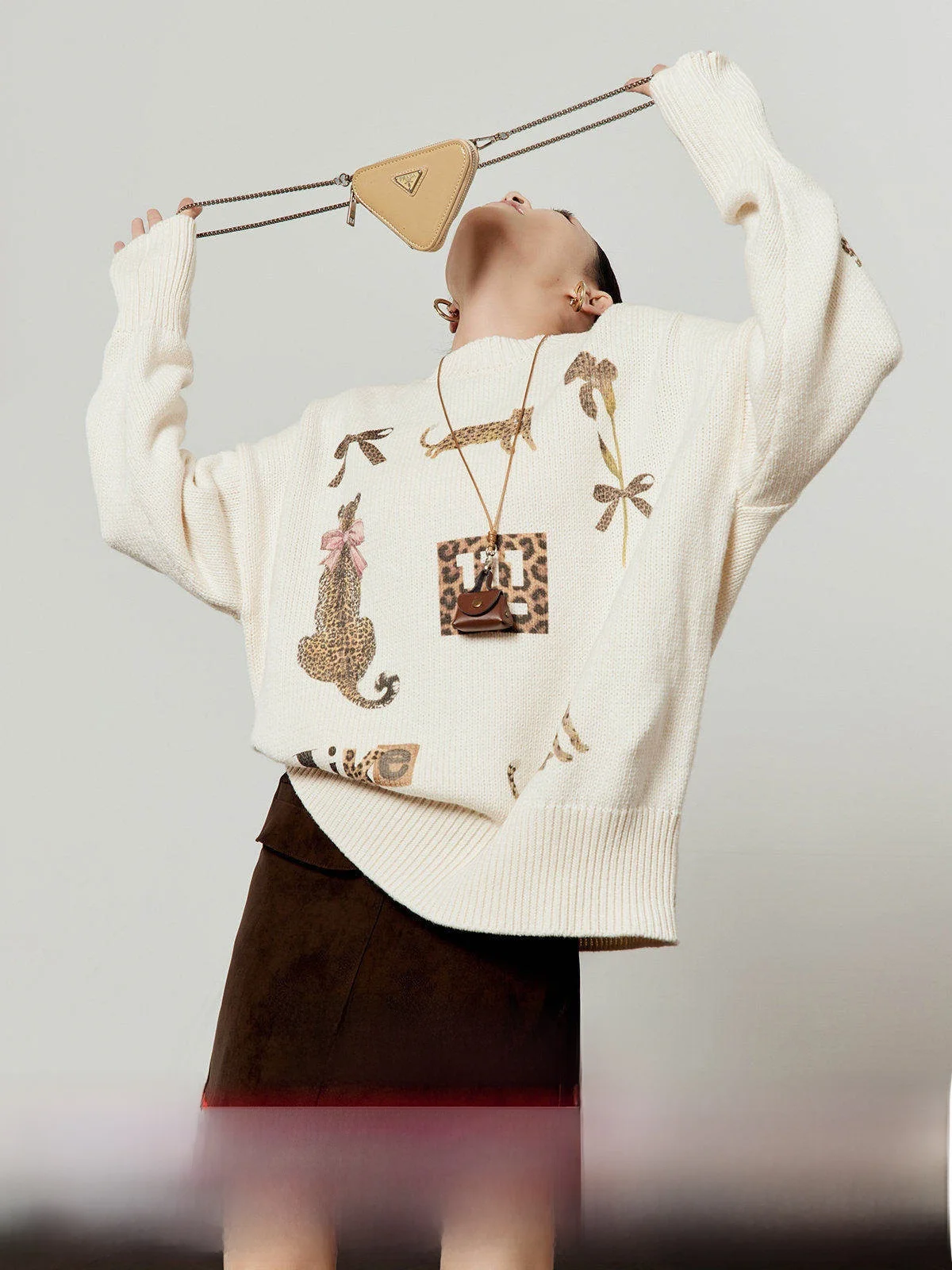 

White Leopard Print Loose Knitted Sweater Women's Faion Autumn New Arrival Casual Comfortable round Ne Long Sve Top