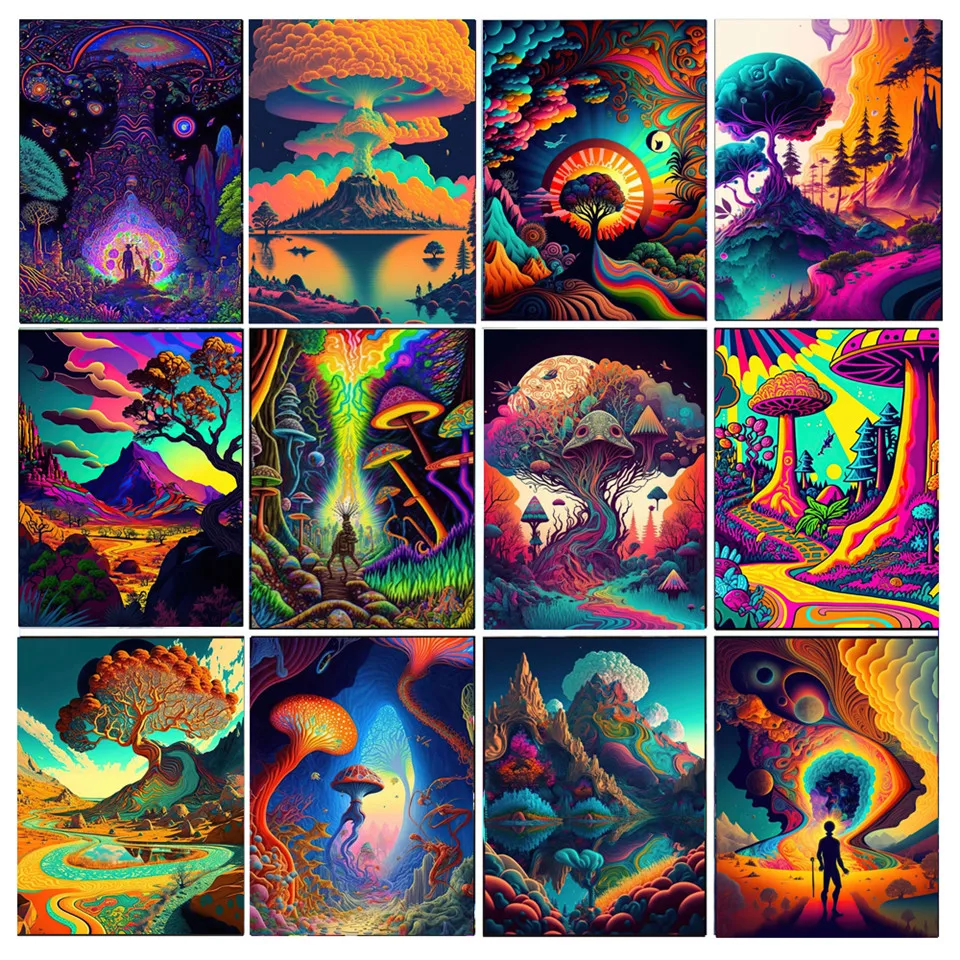 DIY 5D Diamond Painting Neon Colorful Cosmic Psychedelic Character Metamorphosis Mushroom Cross Stitch Creative Home Decor