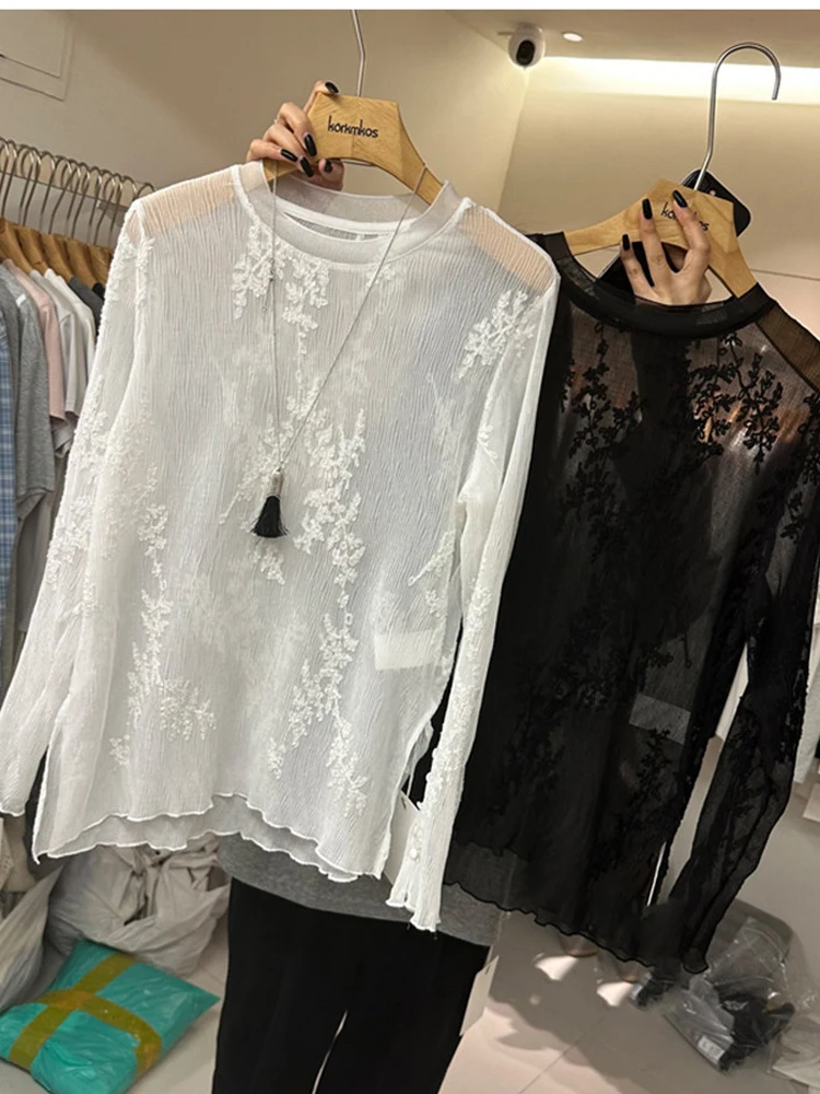 Women's Jacquard Long Sleeve Micro Transparent T-shirt Sexy Lace Shirt Stacked Bottom Blouse Round Neck Pullover Top