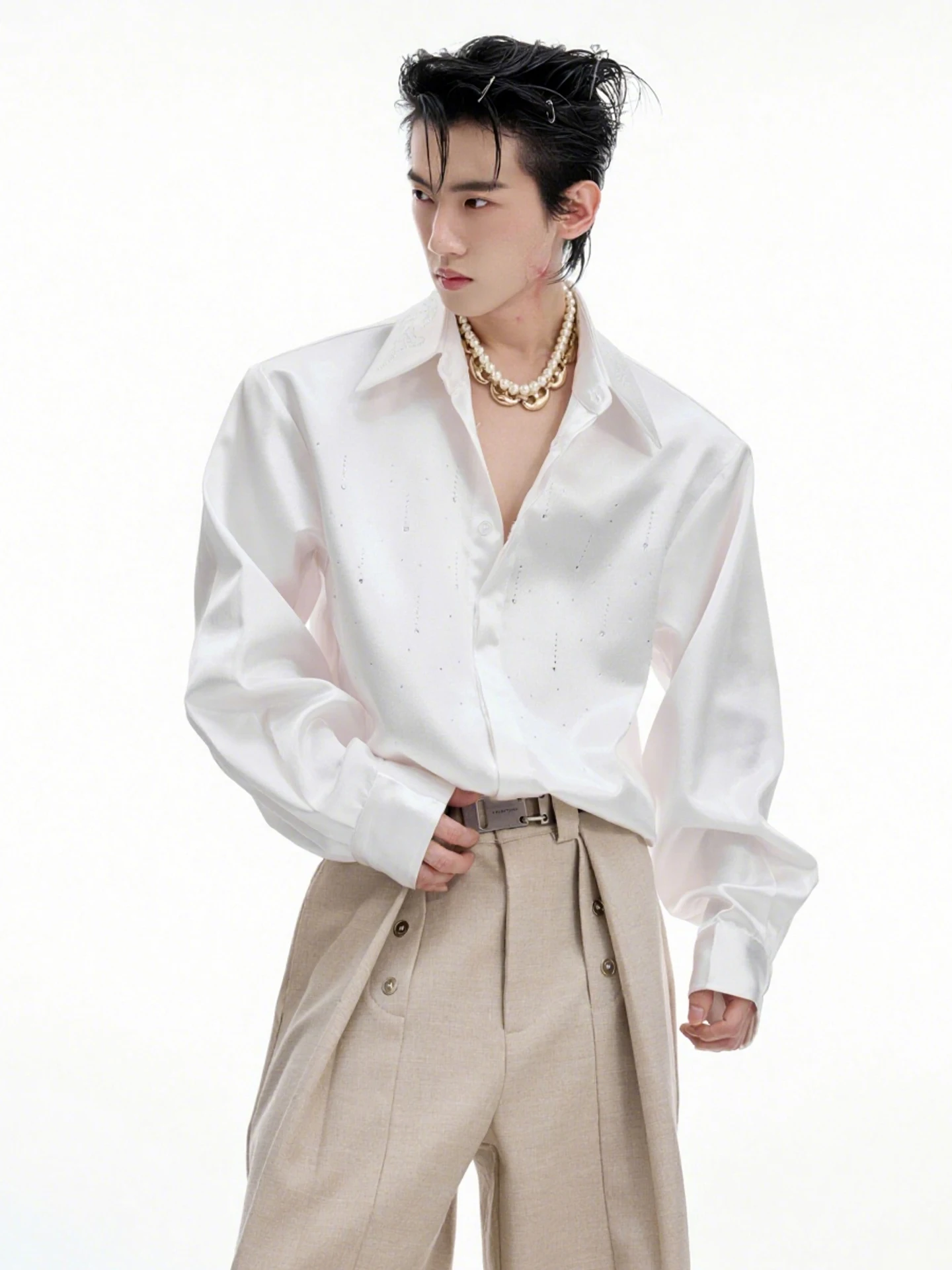 2025 Autumn New High-end Satin Heavy-duty Rhinestone Long Sleeve Shirt Loose Handsome Draped Casual Men's Shirt