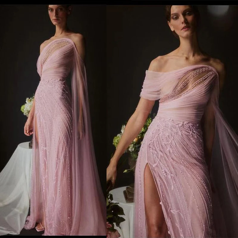 

Hot Sale One Shoulder pink beaded long cape ساتين السهرة vestidos de fiesta فساتين سهره evening dresses