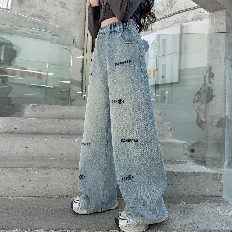 

Letter-embroidered Denim Pants Girls' Blue Wide-leg Pants for Spring and Autumn Teen Denim Casual Pants Suitable for Ages 7-14