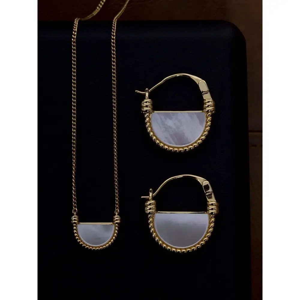 14K Gold Filled Natural White Shell Necklace Gems Resin C Shape Ear Hoop 925 Sterling Silver Fashion Women Vintage Jewelry Set