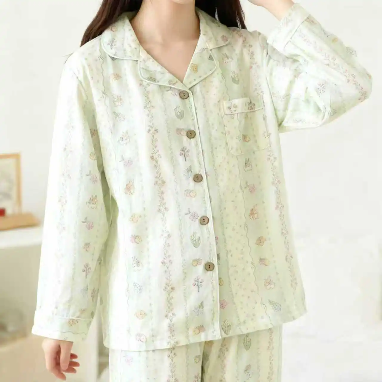 

cute Illustration Pure cotton pajamas sets women spring casual sleepwear long-sleeve sweet cute double gauze cotton pyjamas