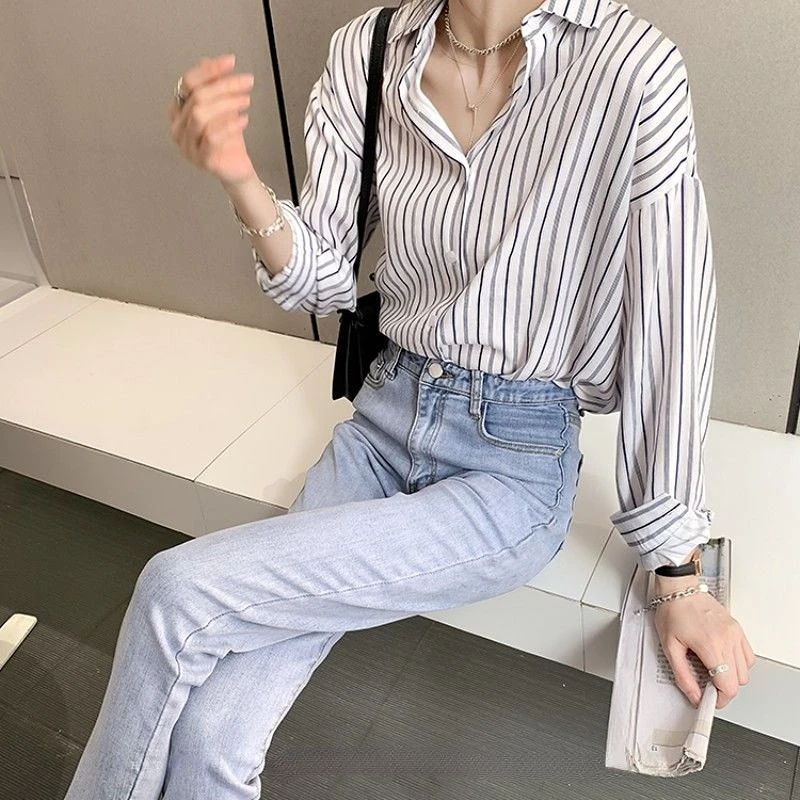 Shirts Women Striped Straight Cool Basic Retro Design All-match Streetwear Casual Gentle Chic Korean Style College Mujer Spring