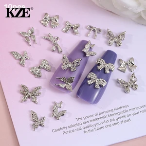 10Pcs Silver Alloy Jewelry for Nail Enhancement 3D Bow Metal Large Butterfly Charm Gliter Nail Diamond Nail Art Decorations