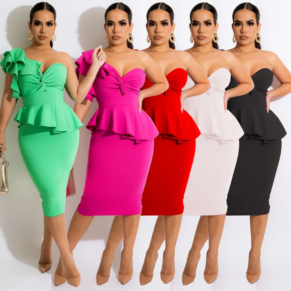 

Solid Two Piece Dress Sets Sexy Outfits for Women One Shoulder Cascading Ruffles Tops and Body-shaping Pencil Skirts