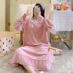 5XL Plus Size Thicken Coral Fleece Nightgown Women Warm Flannel Sweet Bathrobe Coral Velvet Long Nightdress Mid Loose Home Dress