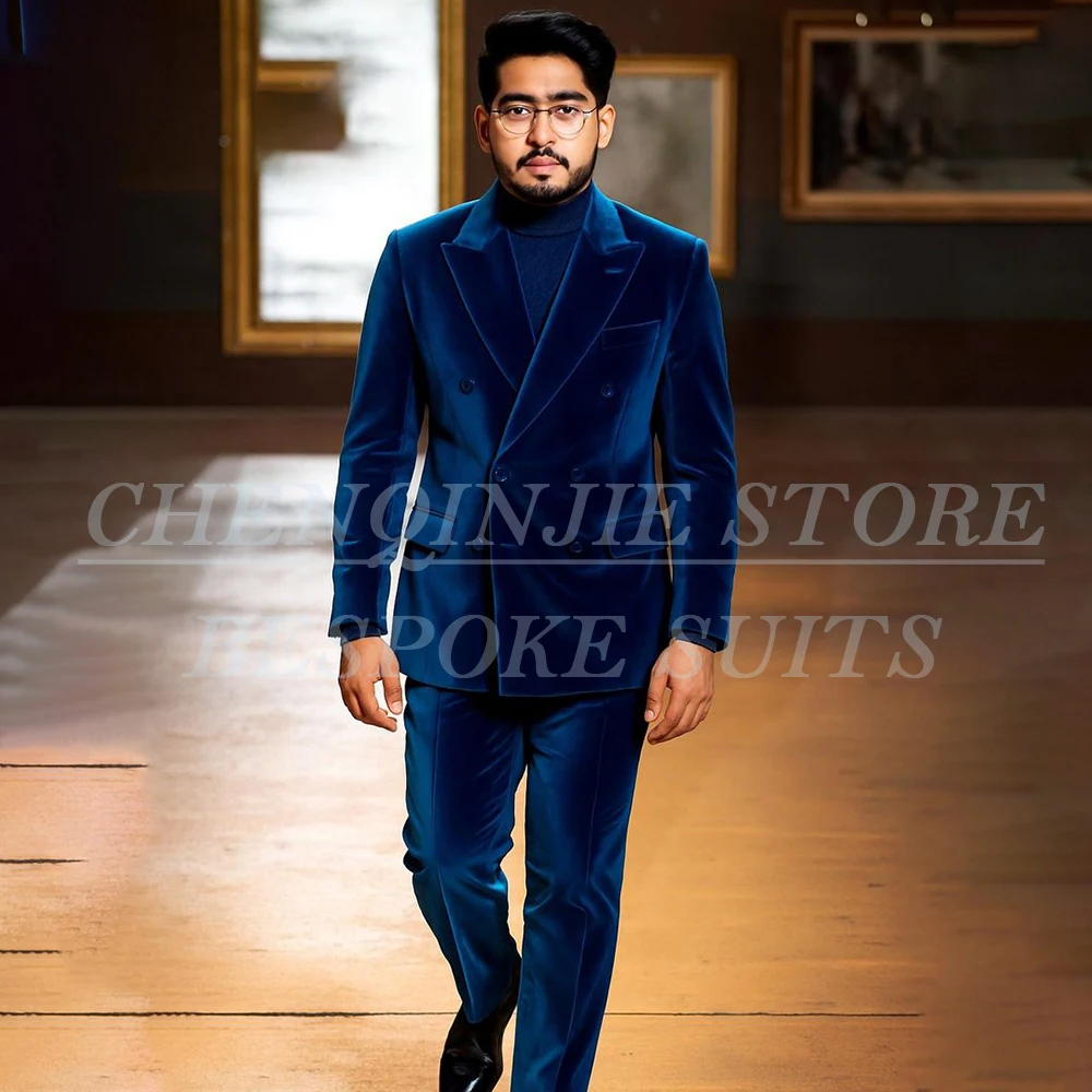 

Королевский синий бархатный мужской костюм высокого качества, двубортный пик с лацканами, облегающий костюм сзади, 2-х предметная куртка, брюки для свадьбы