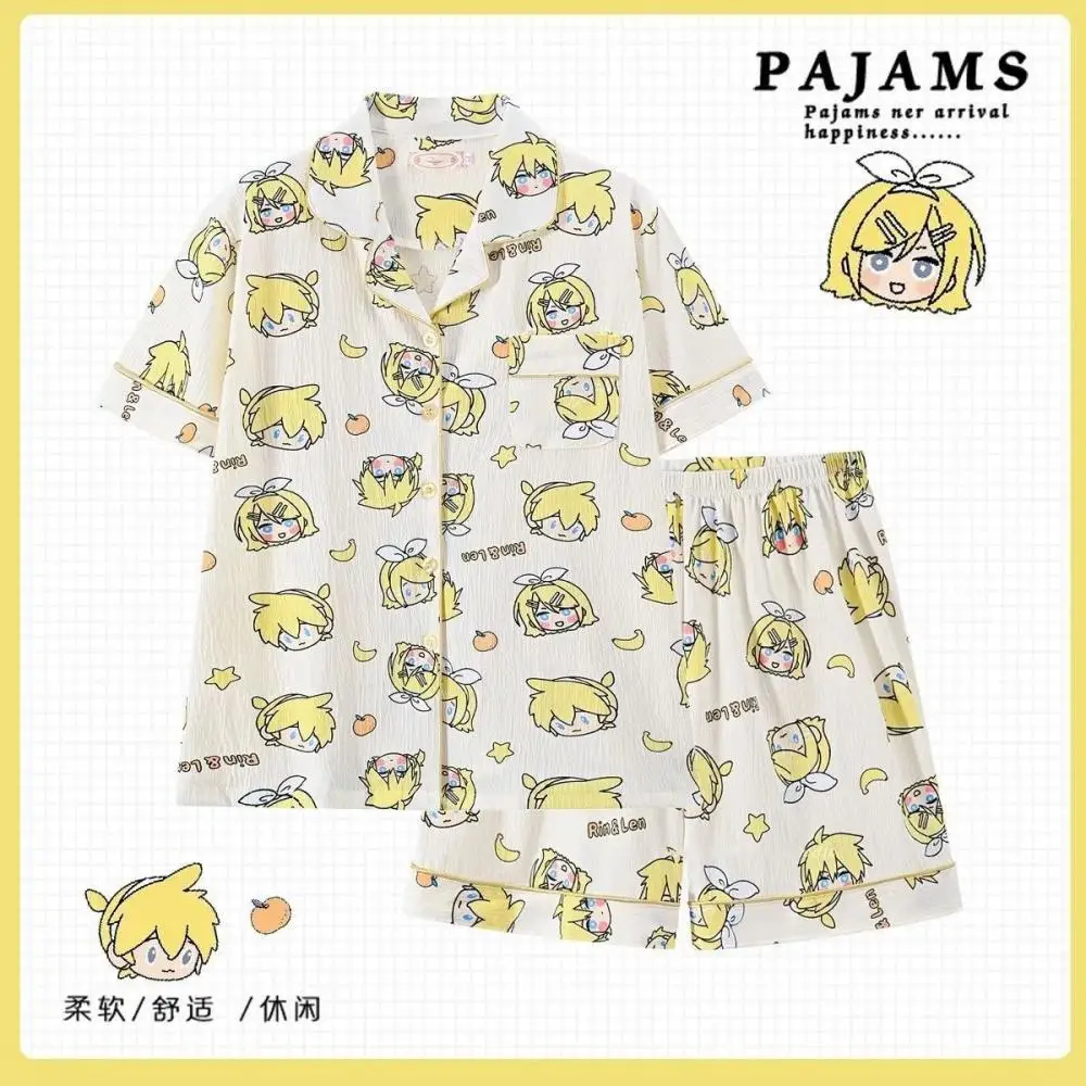 2Pcs Hatsune Miku Women's Pajama Set Summer V-Neck Short-Sleeve Tops and Shorts Japanese Girls Anime Sleepwear Homewear Gifts