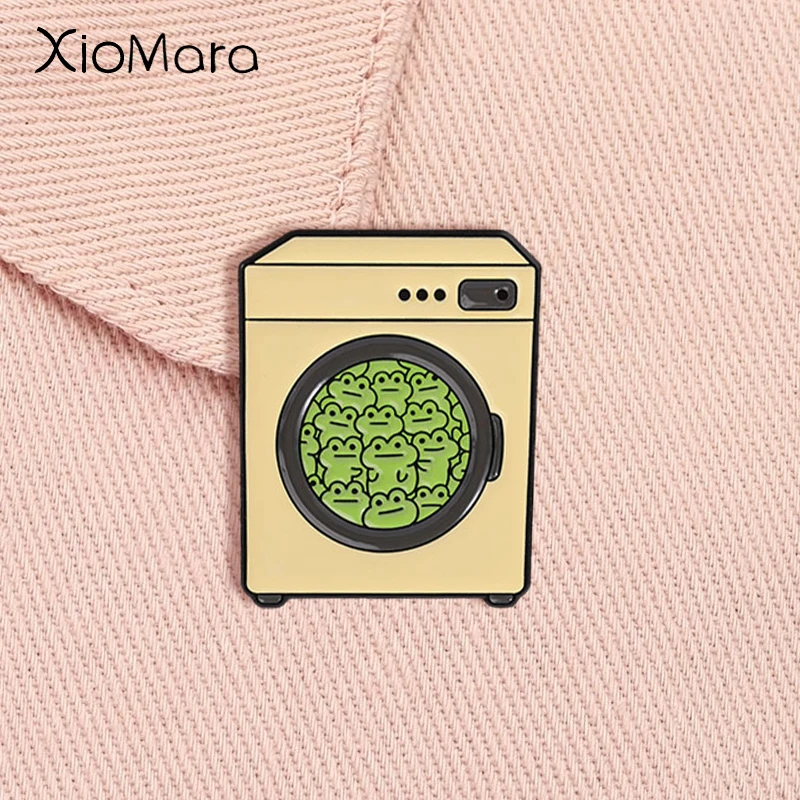 Funny Frog Drum Washing Machine Enamel Pin Retro Household Appliances Mental Health Brooch Lapel Badge Jewelry Gift for Friends