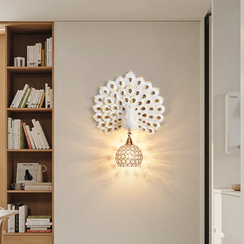 Creative Peacock Wall Lamp European Living Room Background Light Retro Luxury Decoration Bedside