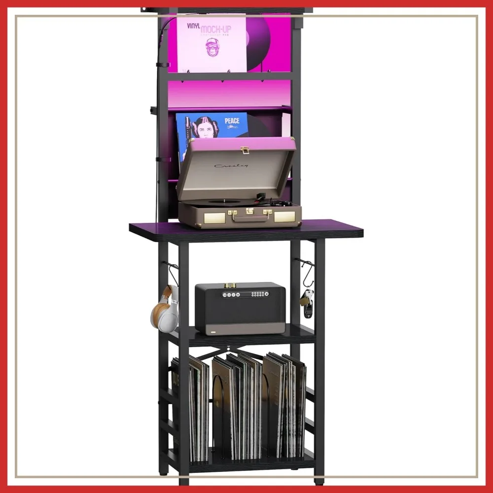 

Record Player Stand with LED Light, Turntable Table with Vinyl Storage, 3-Tier Shelf for Music Room, Black