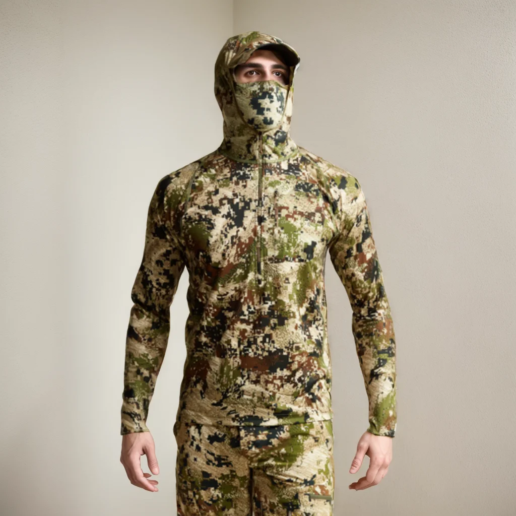 Lekka bluza z kapturem w kamuflażu, maska, koszulka do polowania i wędkowania - oddychająca odzież outdoorowa w kamuflażu.