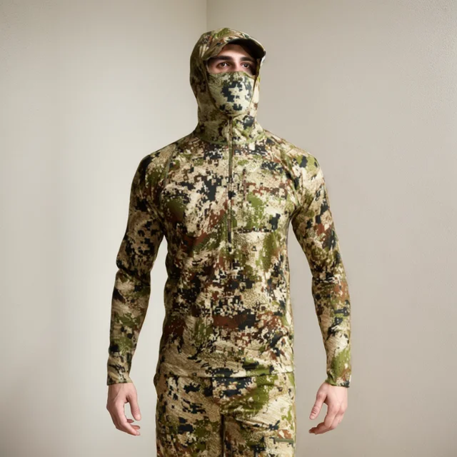 Lekka bluza z kapturem w kamuflażu, maska, koszulka do polowania i wędkowania - oddychająca odzież outdoorowa w kamuflażu.
