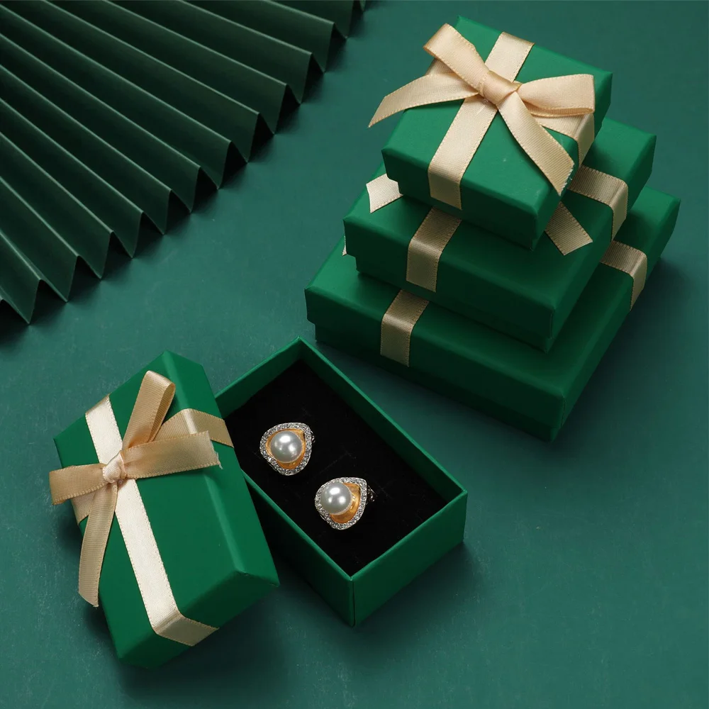 10pcs Green High-End Branded Luxury Jewelry Bow Box Wedding Gift Elegant Packaging Boxes Reusable Sponge Lining Paperboard Case