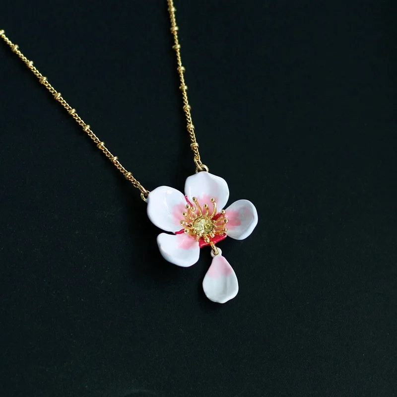 Spring Summer Gentle Sense White Cherry Blossom Pendant Necklace Handpainted Enamel Pink Pear Flower Petal Sunflower Rhinestone