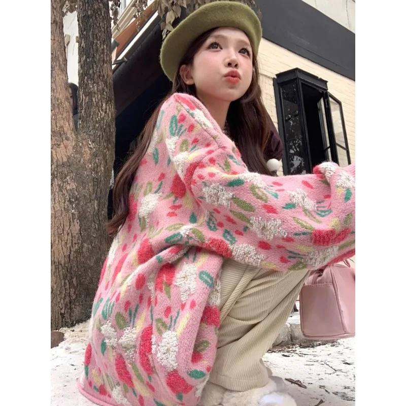 Women's Autumn Winter Tops Sweater Knit Flower Sweet Big Size Vintage Simple Comfortable Casual Advanced Soft Niche Versatile 2