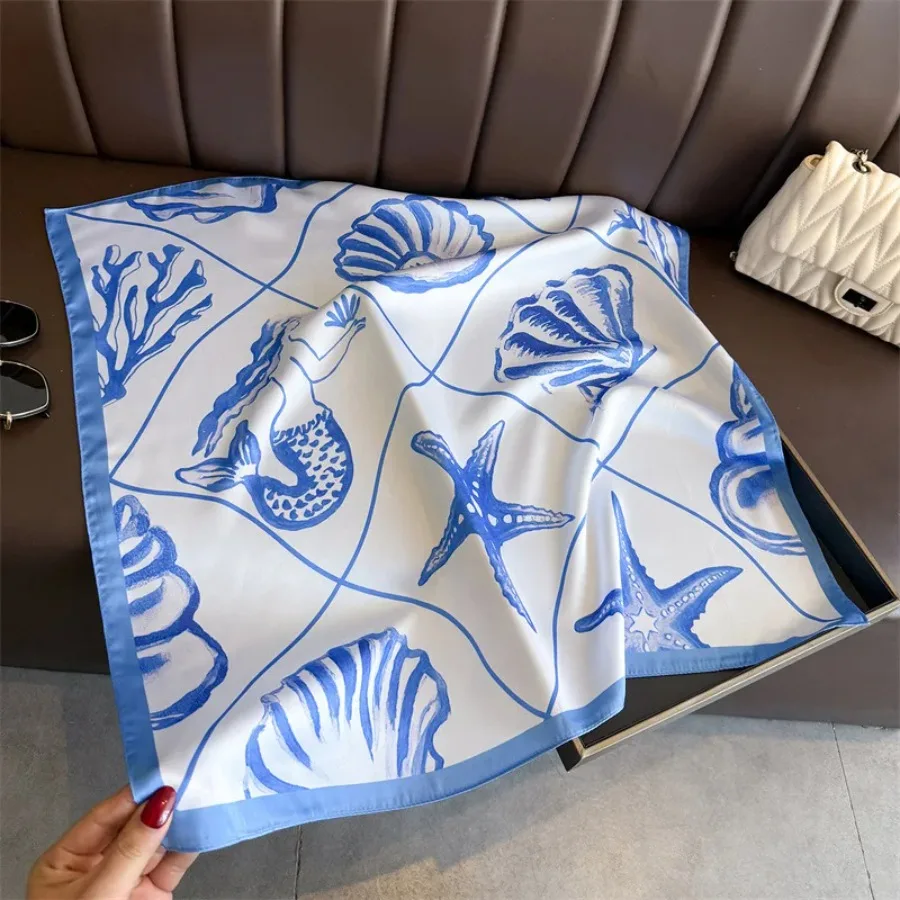 NEW Orange Silk Scarf Mermaid Pattern Neckerchief Women's Luxury Silk Square Shawl Purse Scarf for Women Designer Silk Headscar view 4