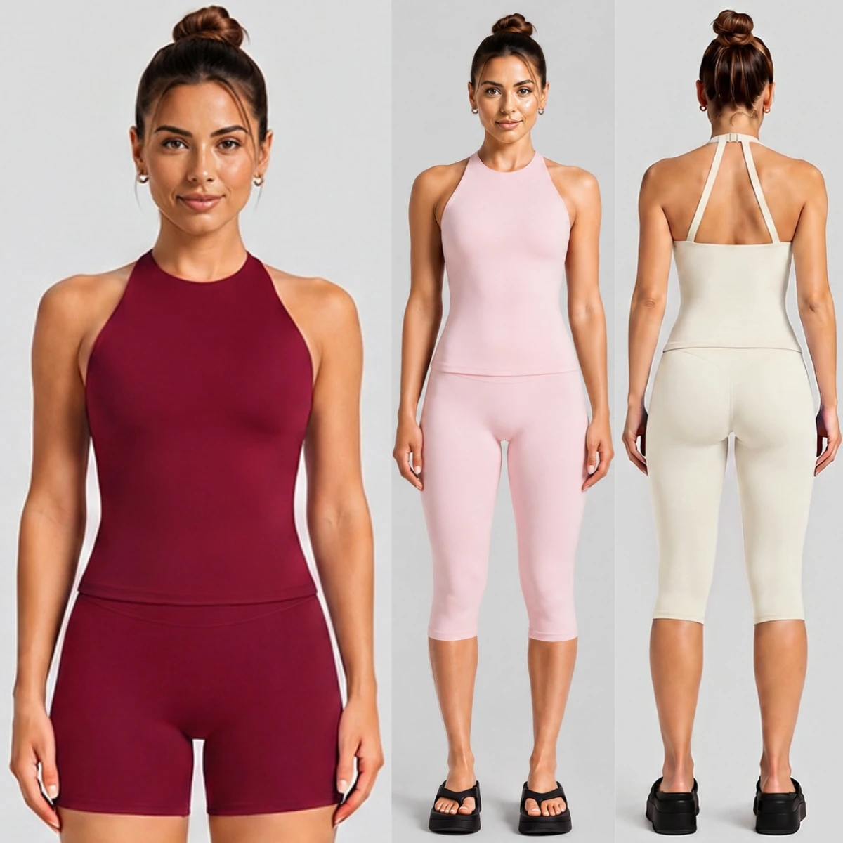 Women 2‑Piece Yoga Set Halter Tank Top Sports Set Crew Neck Workout Vest High Waist Capri Leggings Gym Fitness Pilates Clothes