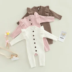 New  Winter Baby Girl’s Knitted Long Sleeve Sweater Jumpsuit Fashion Solid Color Round Neck Ruffles Button Warm Romper Outfits