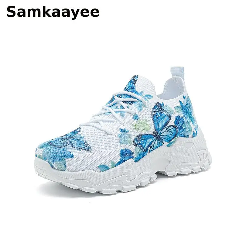 

36-43 Women Breathable Shoes Spring Autumn Mesh Sneakers Butterfly Print Casual Zapatillas Mujer Lace-up Soft Sole Footwear Y20
