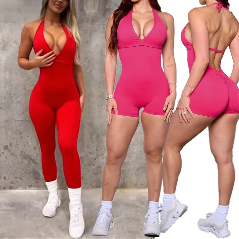 New Pad Nylon V Back One Piece Jumpsuit Skinny Yoga Set Scrunch Pant Breathable Women Wrinkle Peach Hip Exercise Workout Active