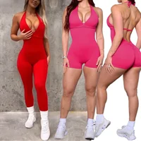 Nuevo mono de una pieza para mujer, pantalones cortos con lazo en el pecho en forma de V, monos de Fitness con relleno, ropa de entrenamiento, conjuntos de gimnasio
