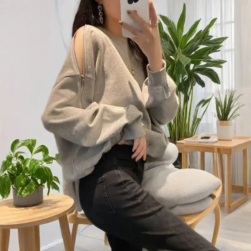 سويت شيرت رمادي بدون أكتاف للنساء للربيع والخريف بتصميم سحاب رفيع وفضفاض ورقبة دائرية #5