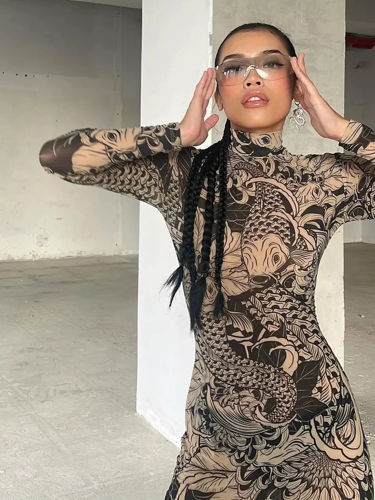 ReddaChic Y2k Letnia Sukienka z Siateczki Sexy Prześwitująca Dekolt typu Mock Długi Rękaw Cała w Nadruki Maxi Sukienka Bodycon Wieczorowa Suknia Damska