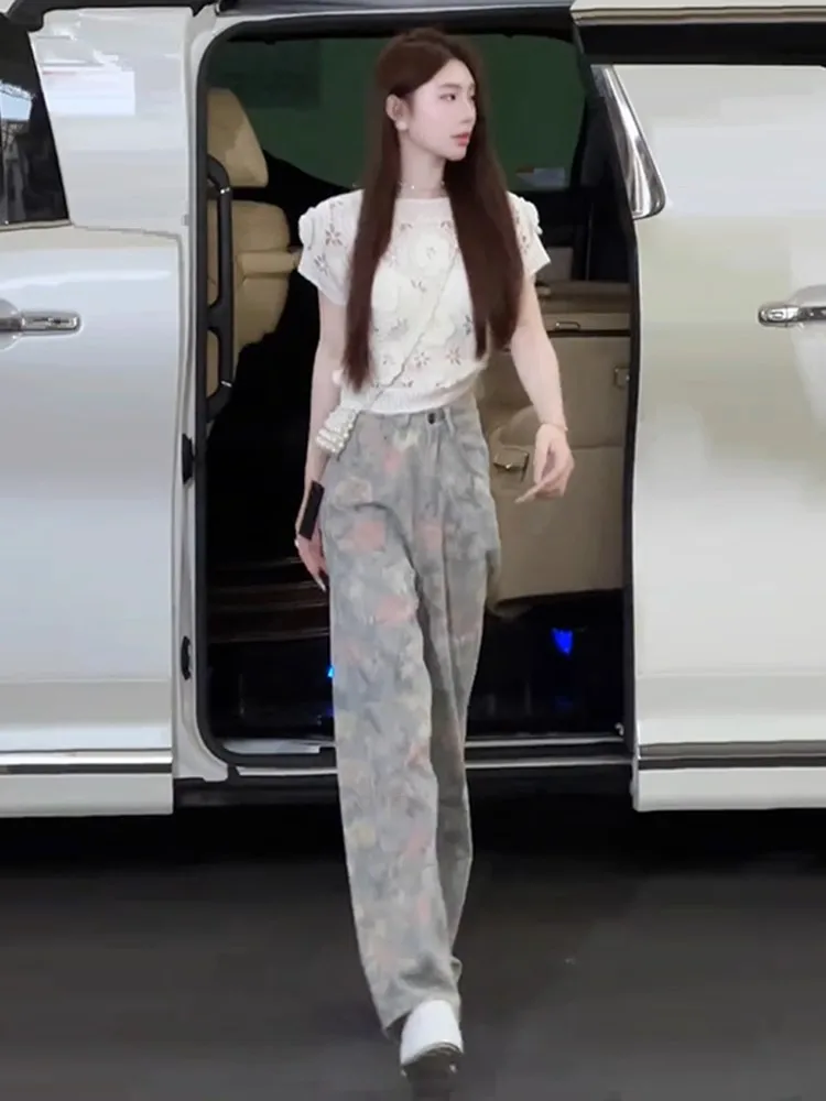 

Summer Women's Hollow out Knitted Short Sleeve Top And Wide Leg Jeans Retro Fashion Two Piece Set Casual Sportswear Ensemble