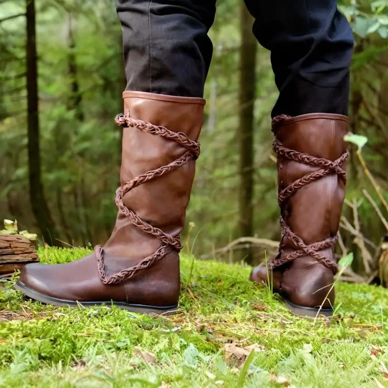 Retro Mittelalterliche Piraten-Cosplay-Stiefel für Männer, Halloween Gothic Bandage Ritterschuhe, Outdoor Geflochtene Schnürstiefel aus PU-Leder bis zur Wadenhöhe – Detail 8