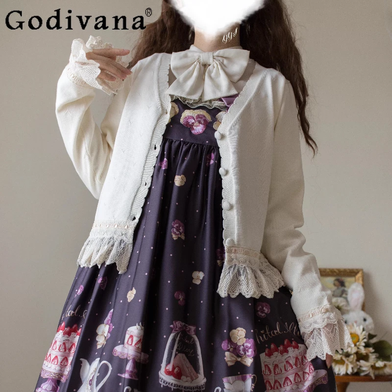 

Original Japanese Soft Girls Lolita Short Knit Cardigan Spring and Autumn New Girl's Sweet Cute Lace Retro Knitted Coat Sweaters
