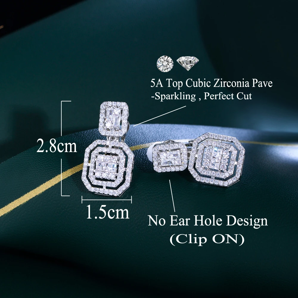 CWWZircons No Ear Hole Design Square Drop Dangle CZ Women Party Wedding Engagement Clip on Earrings Without Piercing CZ903