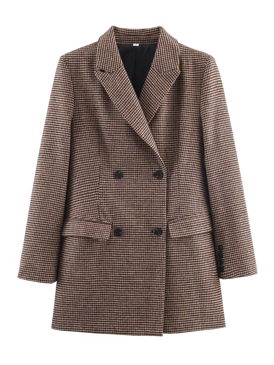 

Slim Fit Plaid Double Breasted Suit Jaet Women's mid Length Vintage Sle Polyester Fiber Long Sve Regular Fit