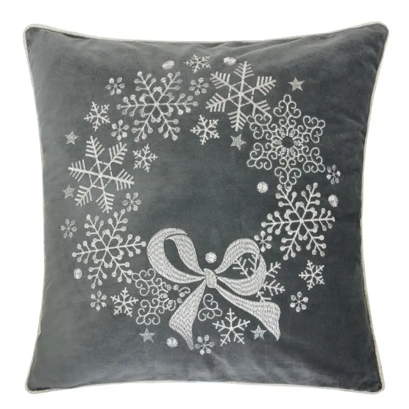 

Gray Velvet Holiday Pillow with Snowflake Wreath Embroidery, 20x20 with Insert - Cozy Seasonal Decor for Home or Couch