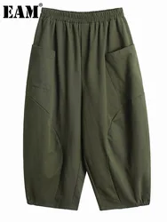 [EAM] vita alta elastica verde militare tasca Casual pantaloni lunghi Harem nuovi pantaloni donna moda marea primavera autunno 2024 1 dh6194