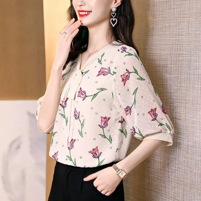 Spring Summer Chiffon Patchwork Pullover Scarf Collar Plant&Flowers Polka Dot Printing Women\'s Lantern Half Sleeve T-shirt Tops