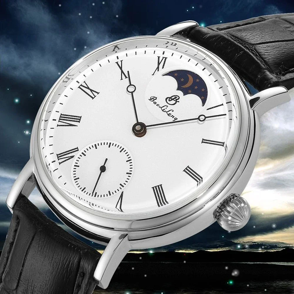 Luxury Watch Men Hand Wind Mechanical Wristwatches Vintage Moon Phase Watches 45mm Dome Mineral Glass Homage Clocks BAOLILONG