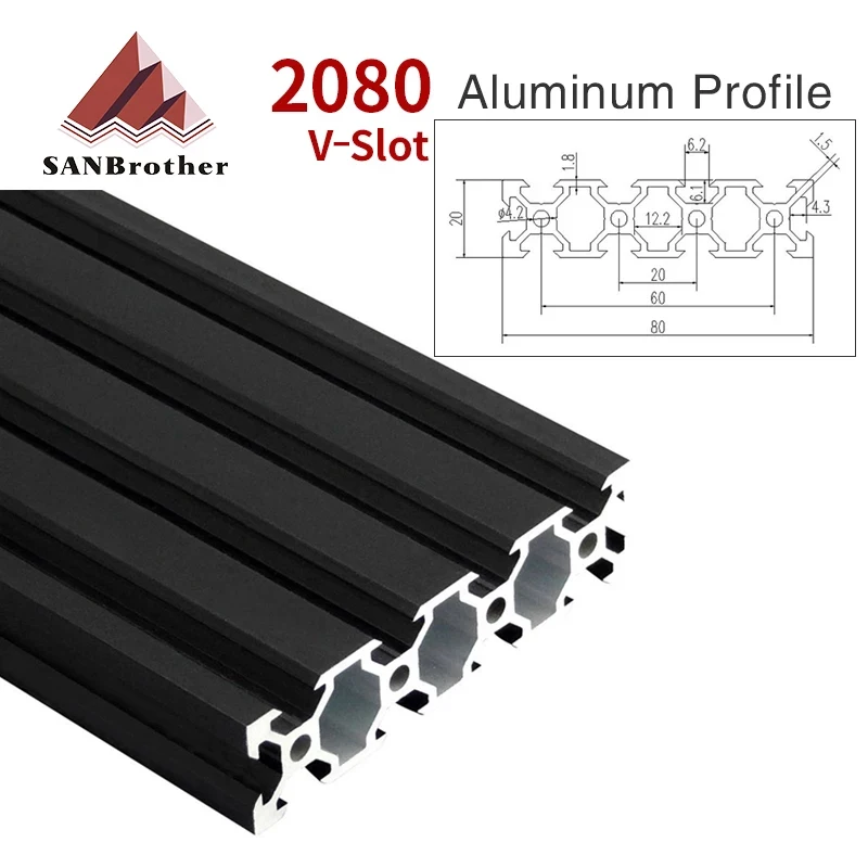 

2080 черный, европейский стандарт, анодированный алюминиевый профиль, экструзия, длина 100-800 мм, линейная направляющая для 3D-принтера с ЧПУ, V-образный слот