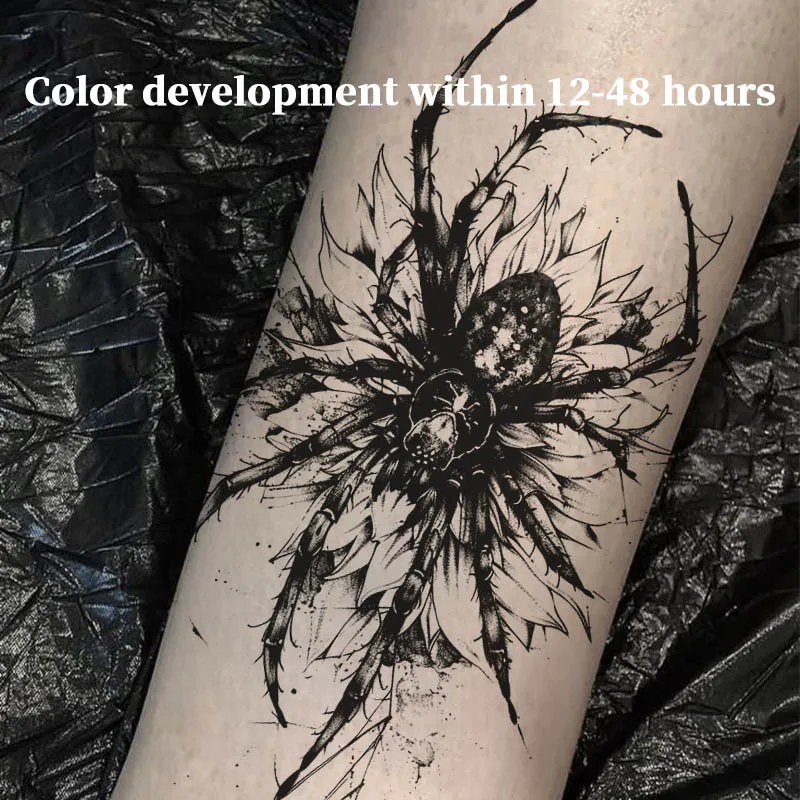 Black Ink Splash Spider Sunflower Herbal Juice Tattoo Sticker Waterproof Fake Body Tattoo Unisex Forearm Gothic Punk Body Decal