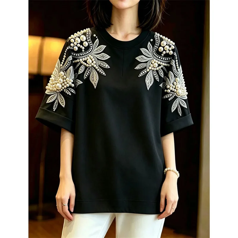 Summer Autumn Fashion Heavy Industry Nail Bead Embroidered T-shirt Women Tshirt Blouse Loose Short Sleeved Unique Top Female