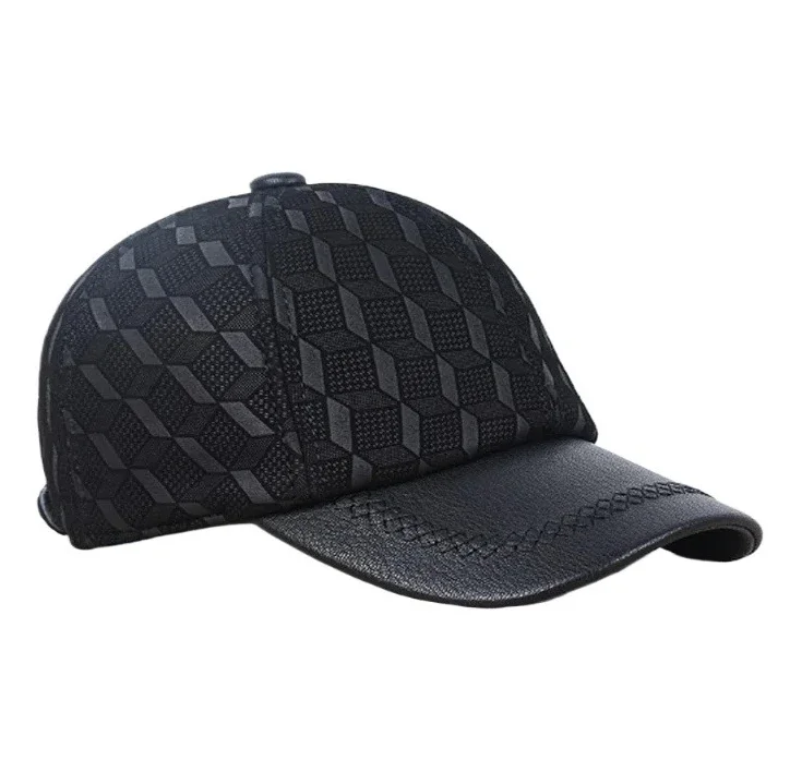 

Men Genuine Leather Baseball Cap Adjustable Cowhide Geometric Printing Dad Hat 55-60cm