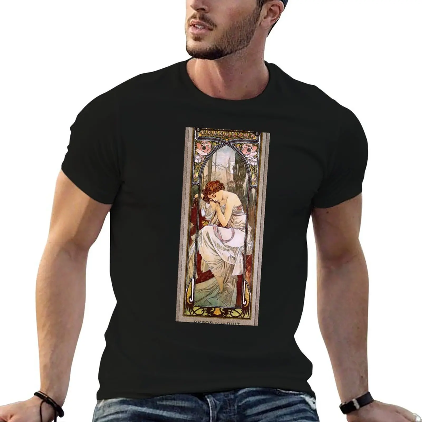 Rest Of The Night by Alphonse Mucha - Old Masters Paintings Reproduction T-Shirt Festive Simple T-Shirt