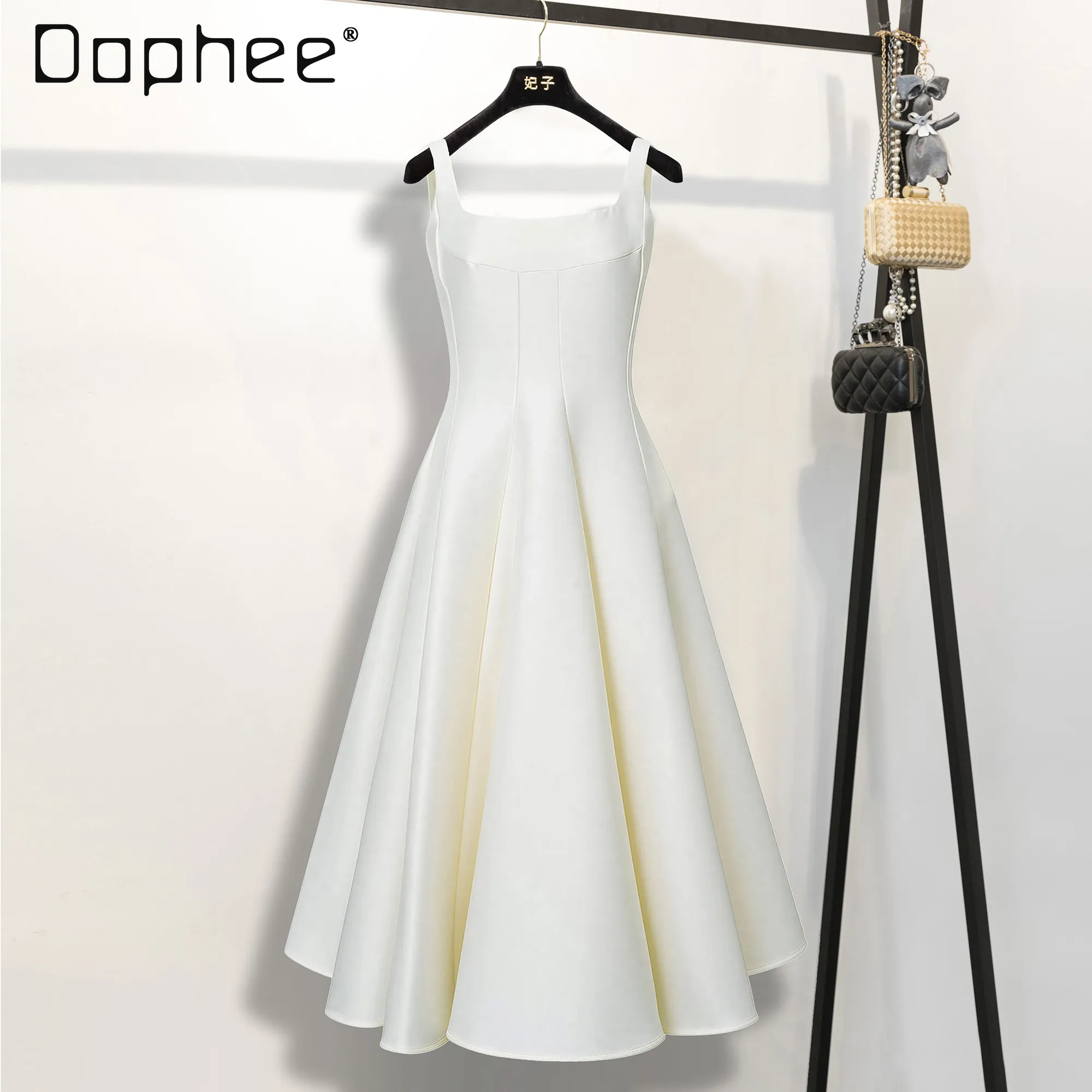 

French Temperament Elegant Hepburn Style White Dress Women Fashion Square Neck High Waist Slim Mid-length Dress Evening Dresses